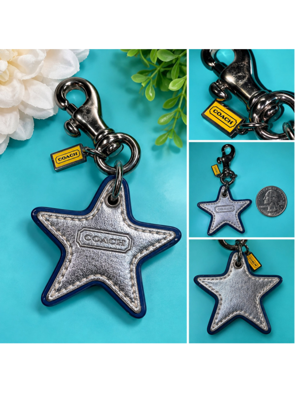Coach Metallic Silver Star Bag Charm Keychain Blue Trim